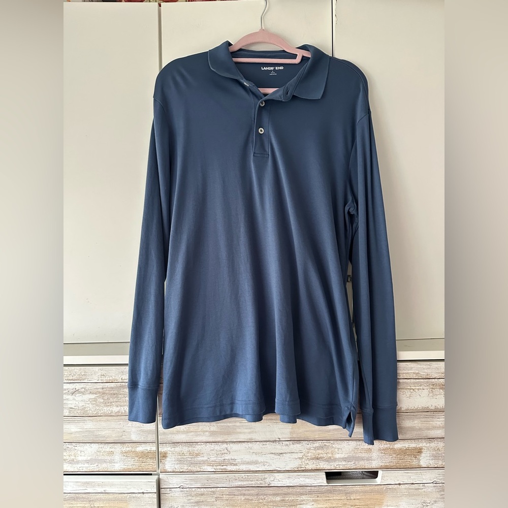 Lands’ End Blue Long Sleeve Golf Polo Shirt Men’s L 42-44 Cotton